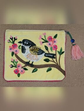 Yellow Velvet Bird Nature Design Cotton Zipper Pouch Bag Karma Living